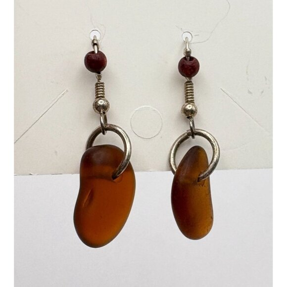 Amber Colored Dangle Earrings Silver Tone Beaded Accents Nature Boho - Picture 6 of 6